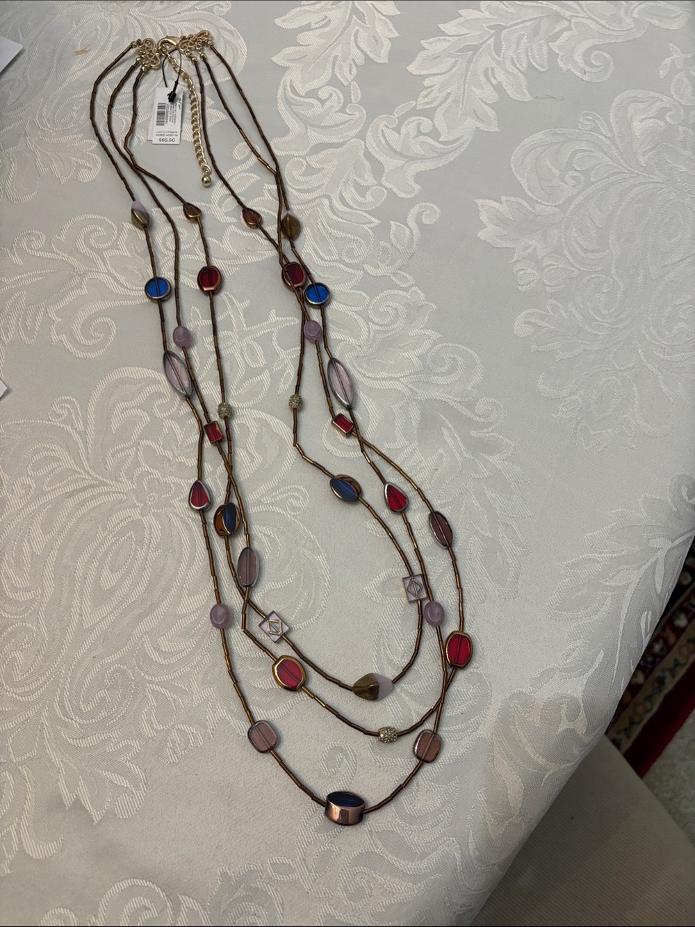 Chicos Bohemian Multi-Color Glass Bead Necklace — Red, Blue & Purple 32”